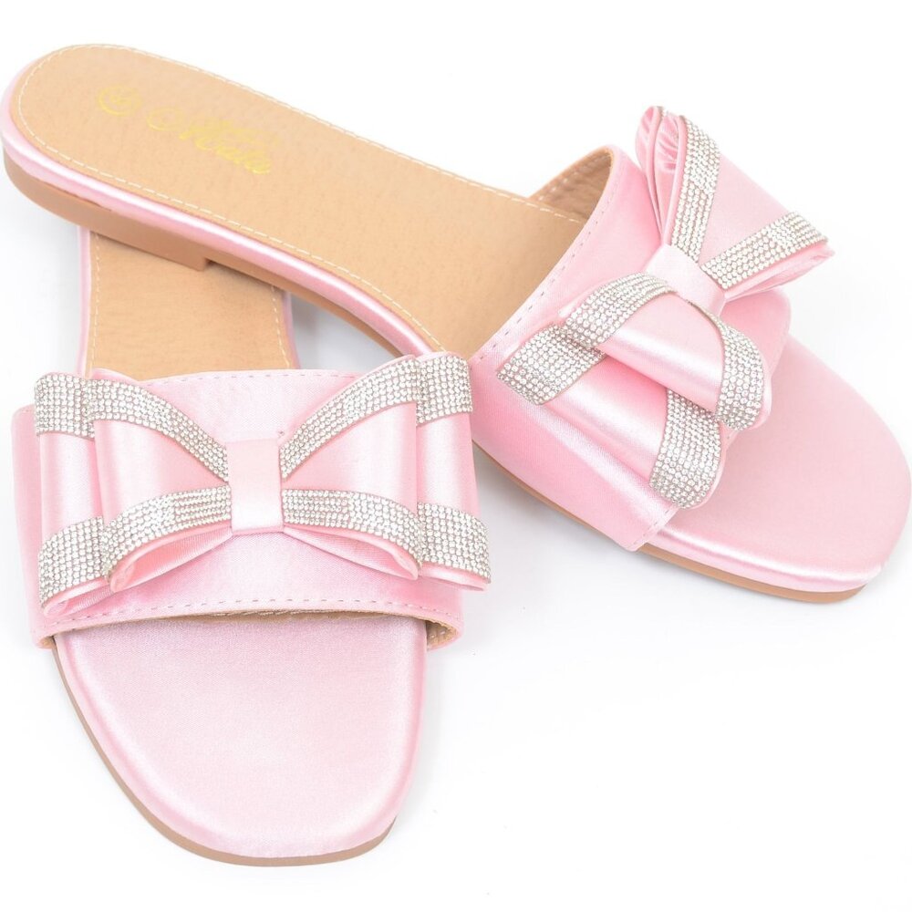 Mata Pink Satin Women's 8 Slide Sandals Bow Rhinestones Flat Bridal Prom Wedding